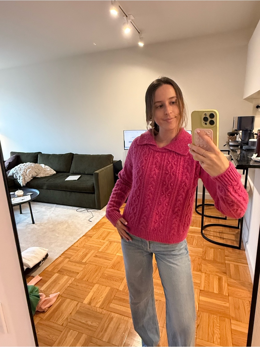 Free People Pink Cable Knit Collared Sweater